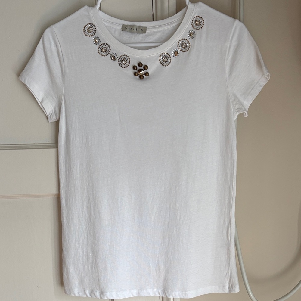 White Embellished Short Sleeve Tee with nice details